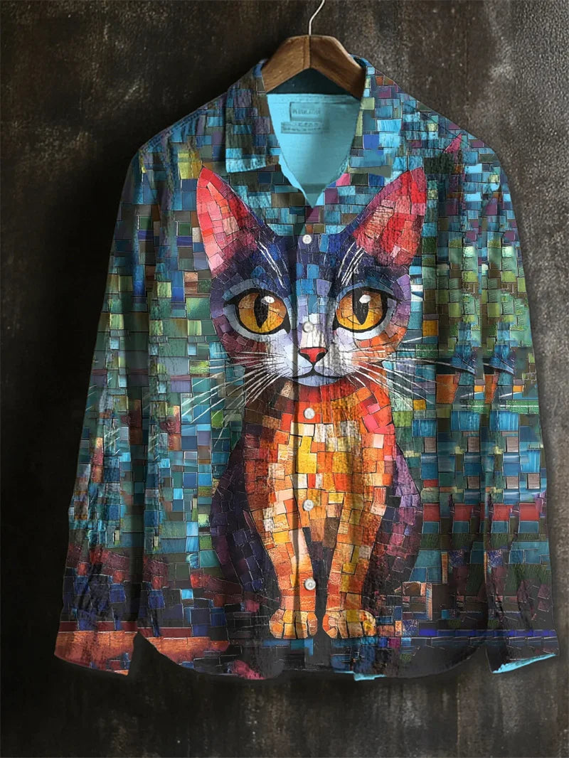 New Vintage Men's Linen Shirt Long Sleeve Chic Top Kitten Pattern Holiday Lapel Collar 3D Wave Printed Shirt Top