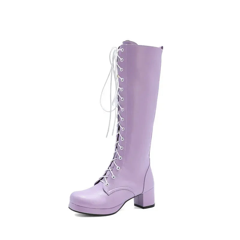 Woman Lovely Sweet Lace Up Purple Pink White Fashion Women's High Knee Boots Winter Shoes Lolita Shoes Girls Boots