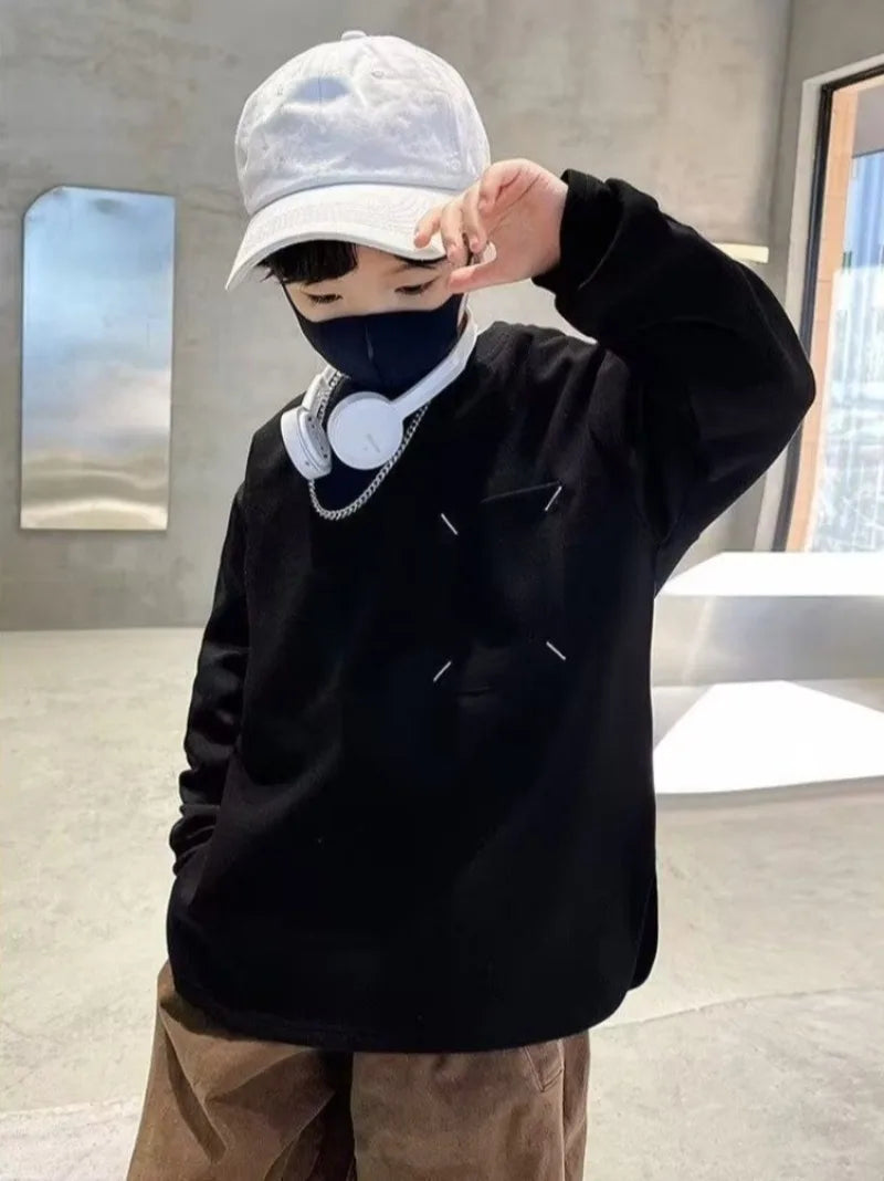 Sweatshirt Boys' Long Sleeve T-Shirt Spring 2025 New Solid Color Simple Stylish Casual Big Kids Top for 6-8 Years Old