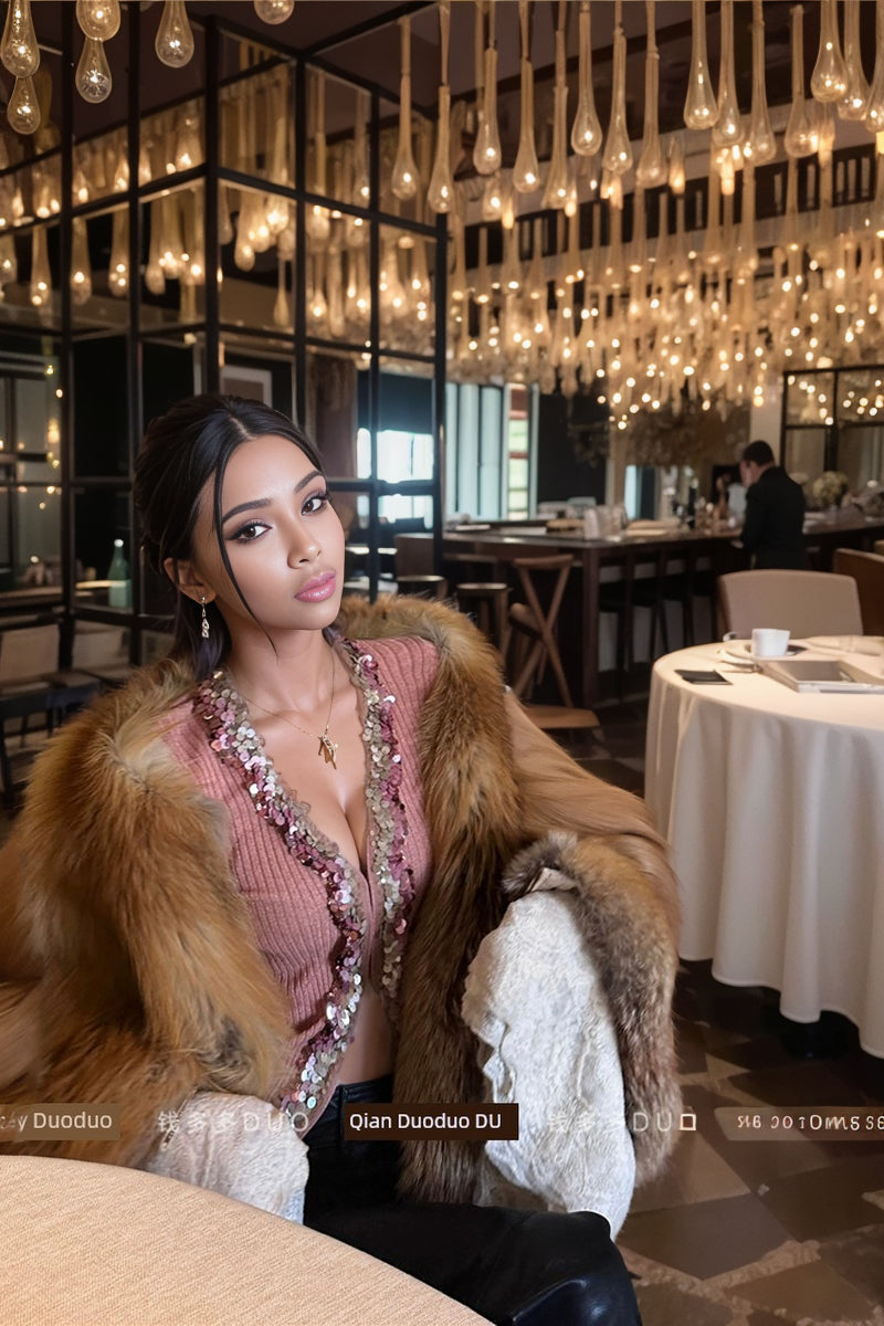 French Style Temperament Heavy Embroidery Sequins Pink Knitting Cardigan