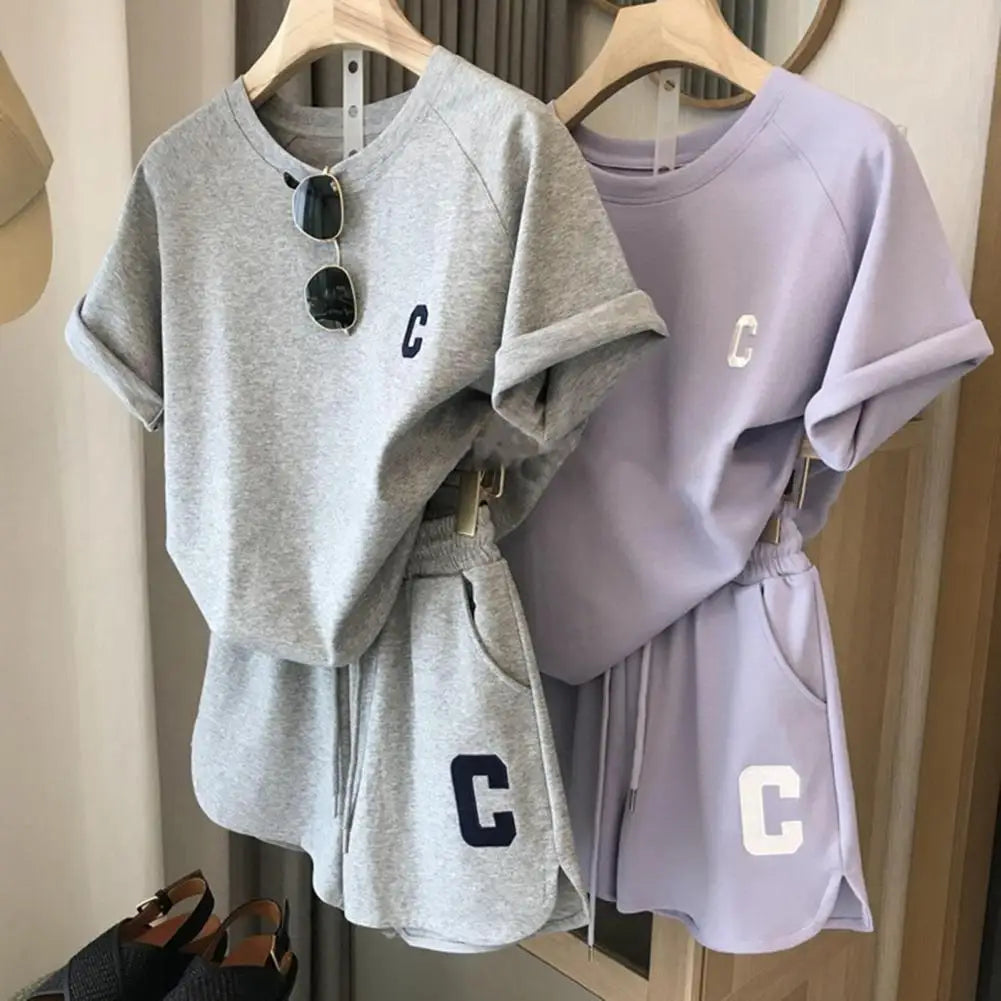 2025 women t-shirt shorts set Summer Tracksuit O Neck Letter Print Short Sleeve T-shirt Drawstring Shorts Sport Clothes