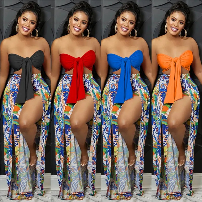 Beach Cover Up For Women Luxury Suit Dress New Strapless Backless Print With Split Pants Two Piece Spandex Swimsuit Whole Bath