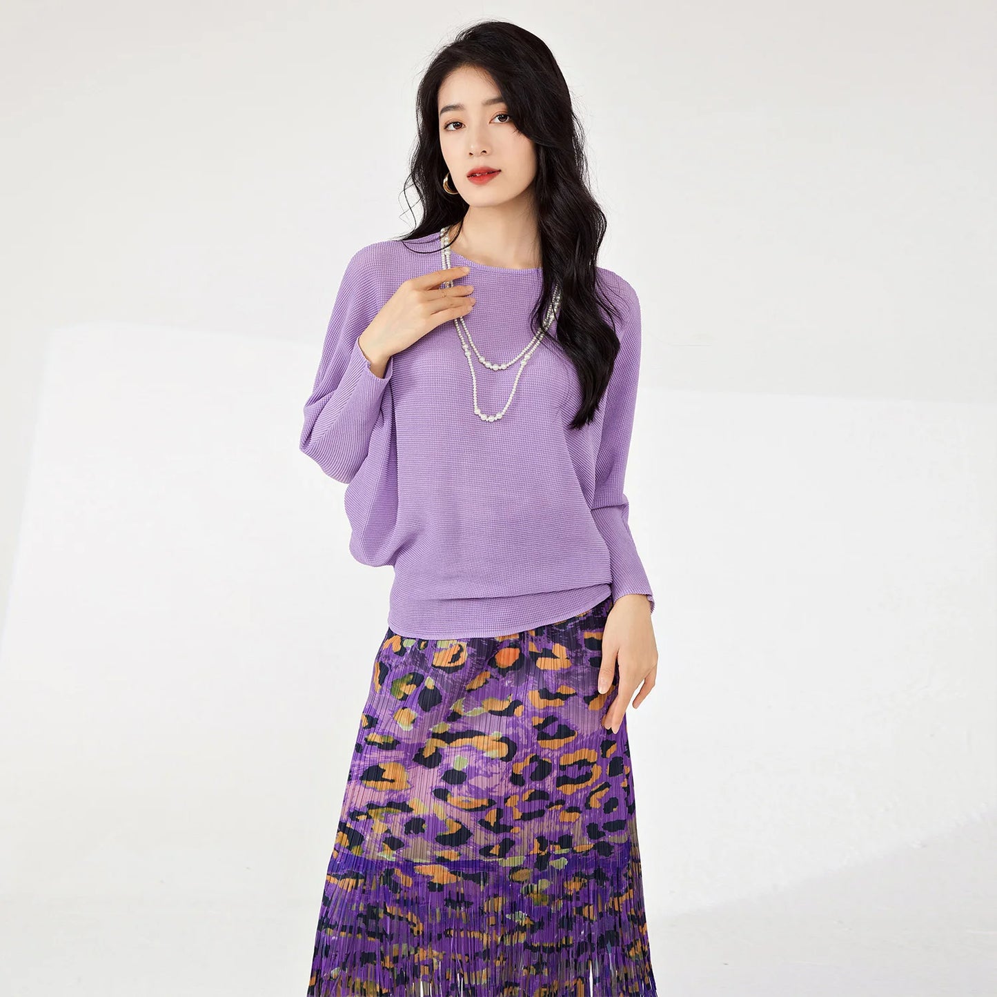 Spring & Summer Women's Casual T-Shirt New Style Pleated Loose Bat Sleeve Solid Color Woven Fabric Elastic Long-Sleeved Top
