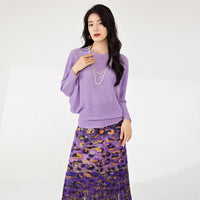 Spring & Summer Women's Casual T-Shirt New Style Pleated Loose Bat Sleeve Solid Color Woven Fabric Elastic Long-Sleeved Top
