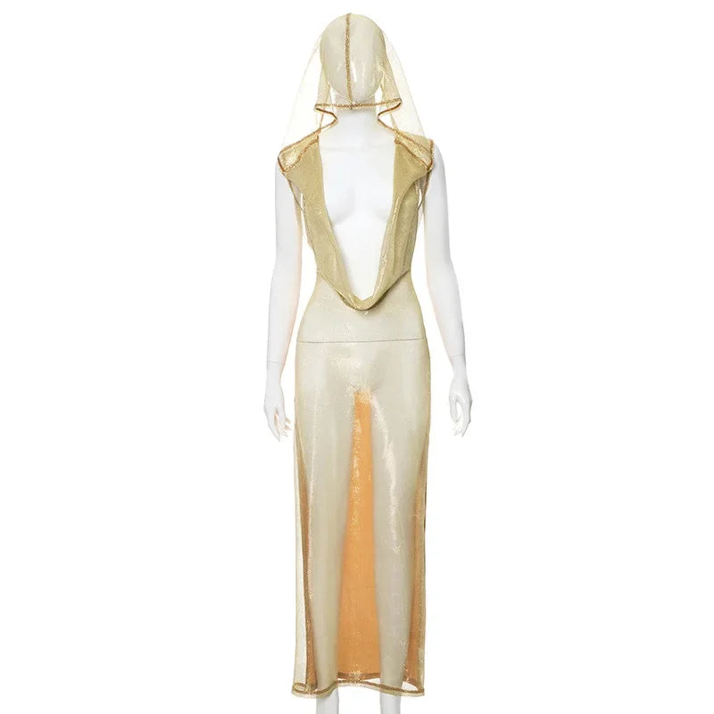 Sexy Women Shiny Golden Sequin Long Dress Backless Low-cut Hooded Dres   Mega Mart Center