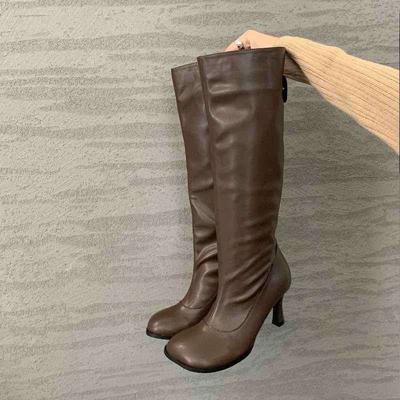 Autumn Winter Cosy Button Woman Knee-High Modern Boots Fashion Round Toe Thin Heels Ladies Long Booties Party Shoes