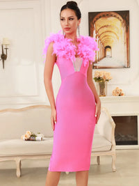 Women Celebrity Sexy Long Sleeve Feather Mesh Pink White Midi Bandage Dress 2025 Knitted Elegant Evening Club Party Dress