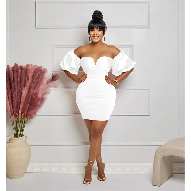 Women's Elegant Backless Puff Sleeve Ruched Bodycon Mini Dress Sexy Off the Shoulder Strapless Birthday Night Club Party