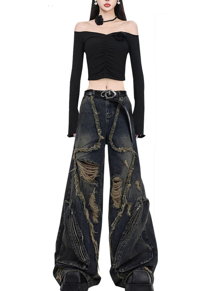 Women Black Gothic Cargo Jeans Harajuku Y2k Japanese 2000s Style Aesthetic Emo Denim Trousers Jean Pants Vintage Trashy Clothes