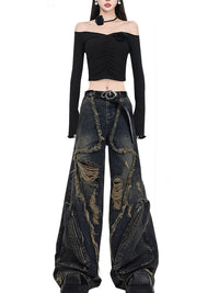 Women Black Gothic Cargo Jeans Harajuku Y2k Japanese 2000s Style Aesthetic Emo Denim Trousers Jean Pants Vintage Trashy Clothes