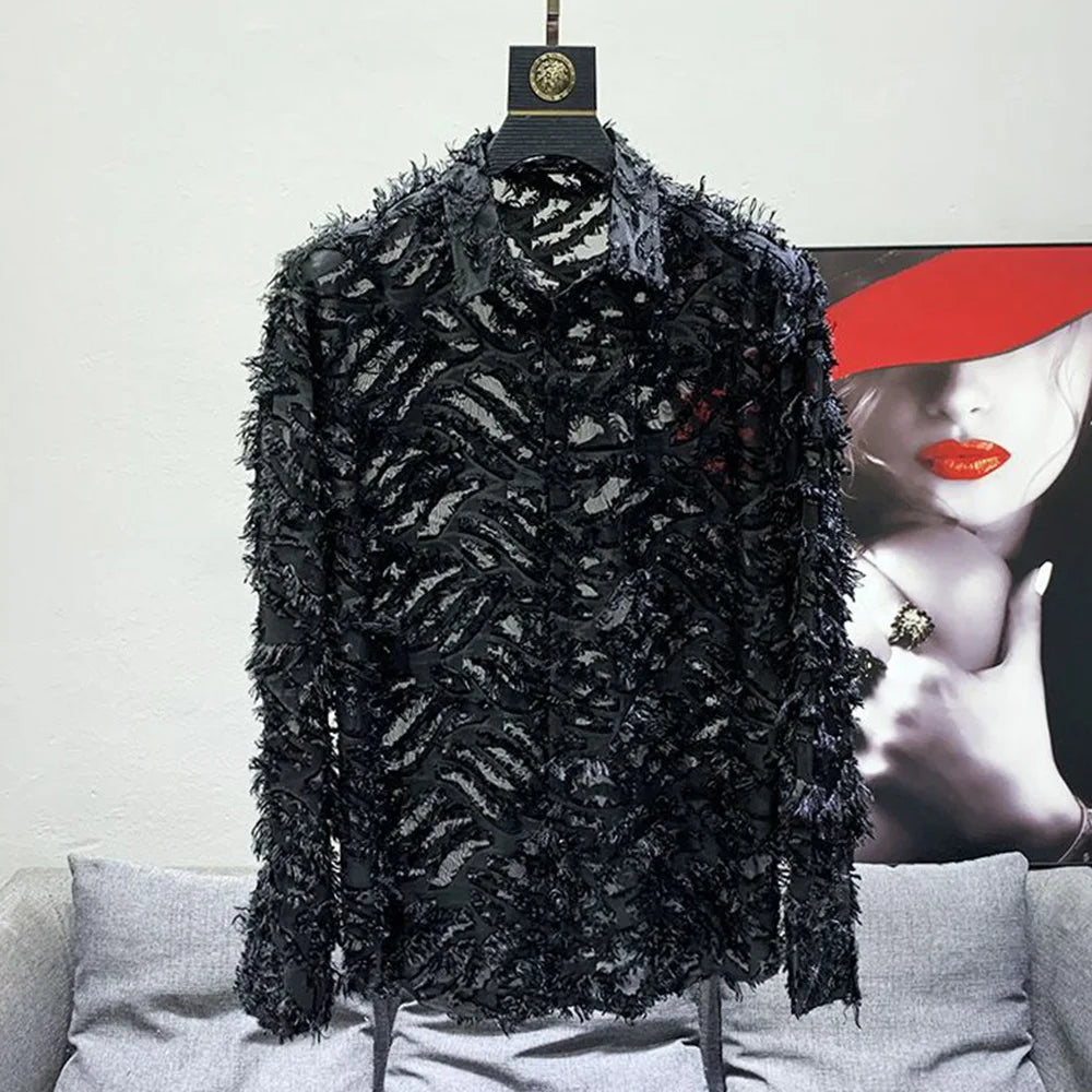 Mens Shirt Y2k Hollow Feather Tassel Shirt Streetwear Niche Personality Breathable Nightclub Trend Tops Men'S Clothing 2024