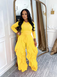 Fall 2025 Outfits Women Two Piece Set Solid Casual Long Sleeve Tops and Ruffle Drawstring Jogger Pants Streetwear Matching Sets
