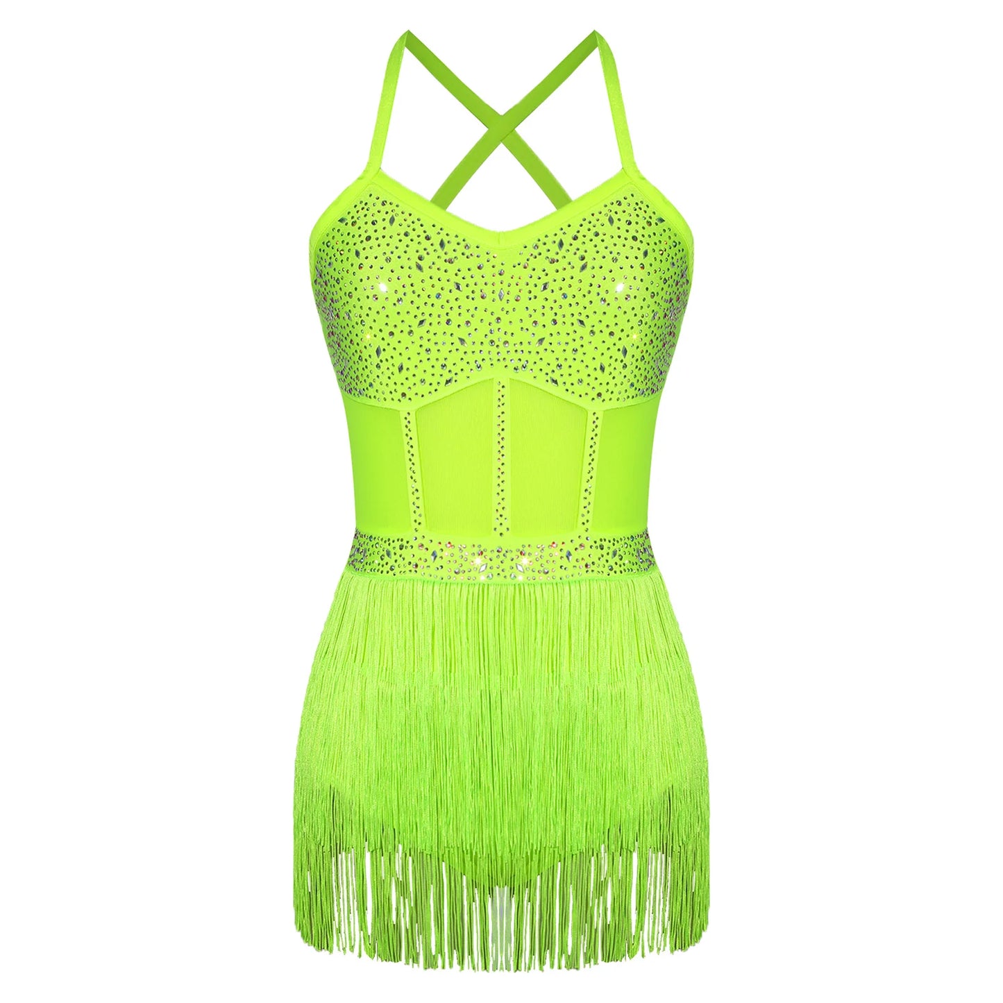 Womens Latin Dance Dress Sheer Mesh Patchwork Tiered Tassel Bodysuit Dress and Gloves for Tango Samba Dance Ballroom Dancewear