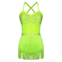 Womens Latin Dance Dress Sheer Mesh Patchwork Tiered Tassel Bodysuit Dress and Gloves for Tango Samba Dance Ballroom Dancewear