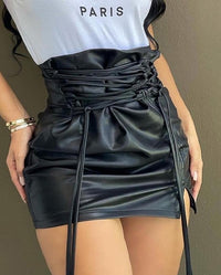 Lace-up High Waist PU Leather Mini Skirt Nightclub Sexy Personality Europe and America Fashion Women's Clothing 2022