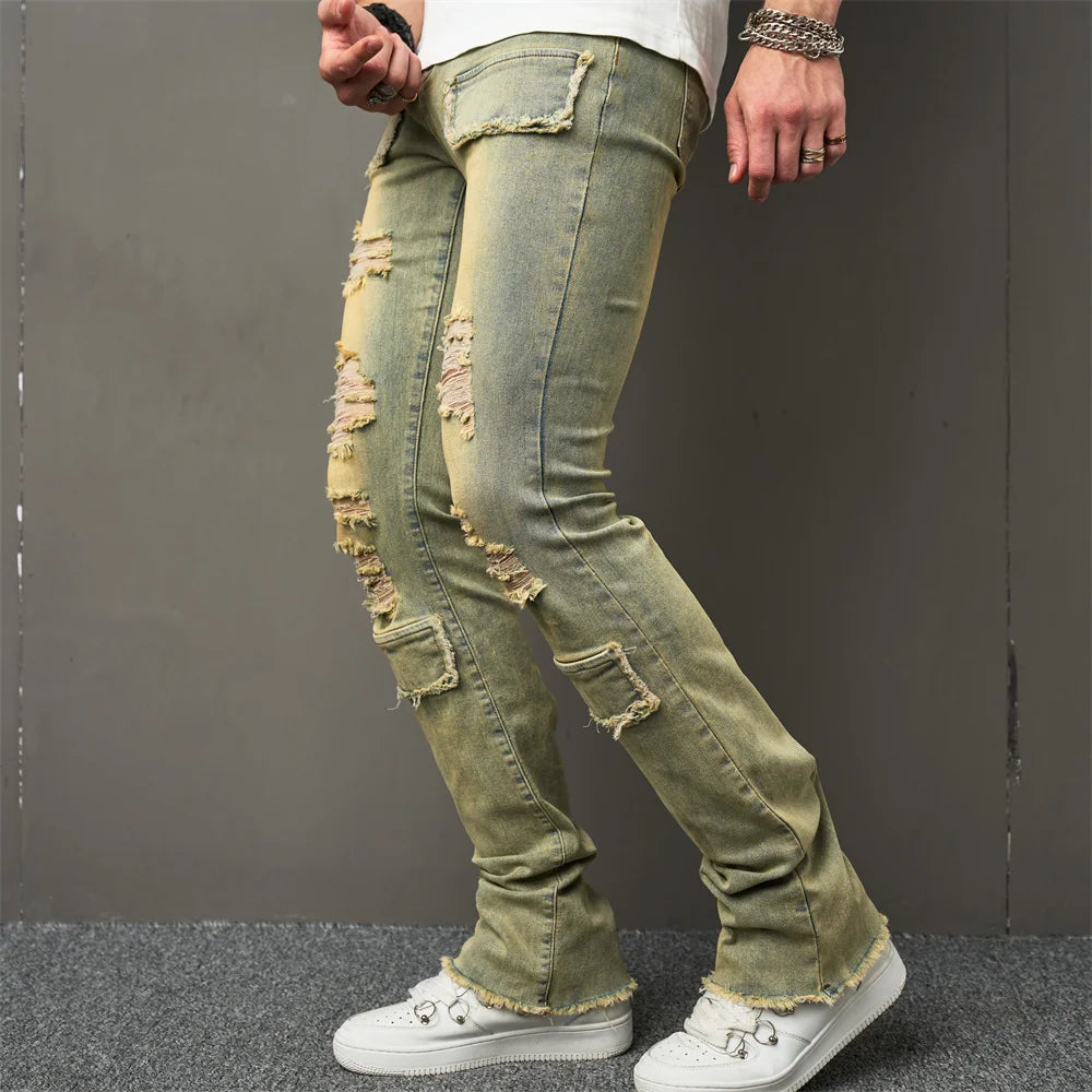 Vintage Style Men Streetwear Holes Spliced Slim Jeans Trousers Hip hop Stylish Distressed Stretch Denim Pants For Male