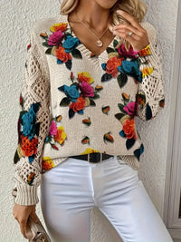 Elegant Bohemian Floral V-neck Long Sleeved Top Fashionable V-neck Pullover Hollow Printed Sweater Pullover 2025 Casual Knitwear