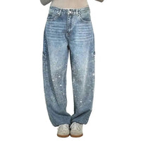 Women's Sparkly Harem Jeans High Waisted Baggy Wide Leg Bling Jeans Casual Straight Leg Denim Pants for Streetwear