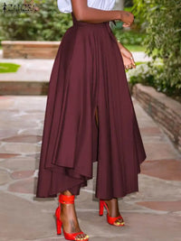 ZANZEA 2023 Summer Women Party Split Sundress Stylish Irregular Skirts High Waist Maxi Vestidos Solid Robe Saia Holiday Faldas