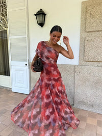 Summer Color Print Long Dresses Women Fashion Vacation Style Sexy Off Shoulder Banquet Party Dress Temperament Lady Vestidos