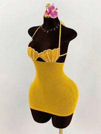 Pearl Shell Halter Backless Mini Bodycon Dress Crochet Bikini Dress