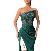 2024 Spring Summer New Green Sequined Fairy Long Sleeveless Fashion Dress Mid Evening Dress Strapless Sexy Formal