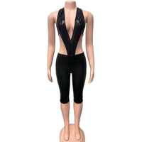 Weird Puss Sexy Women 2 Piece Set Halter Silky Hollow Sexy Backless Sleeveless Bodysuit+Bike Shorts Midnight Matching Clubwear