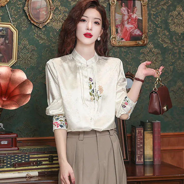 Spring Thin New Chinese Style Embroidery 2025 Long-sleeved Shirt Spring Shirt New Fashion Casual Top
