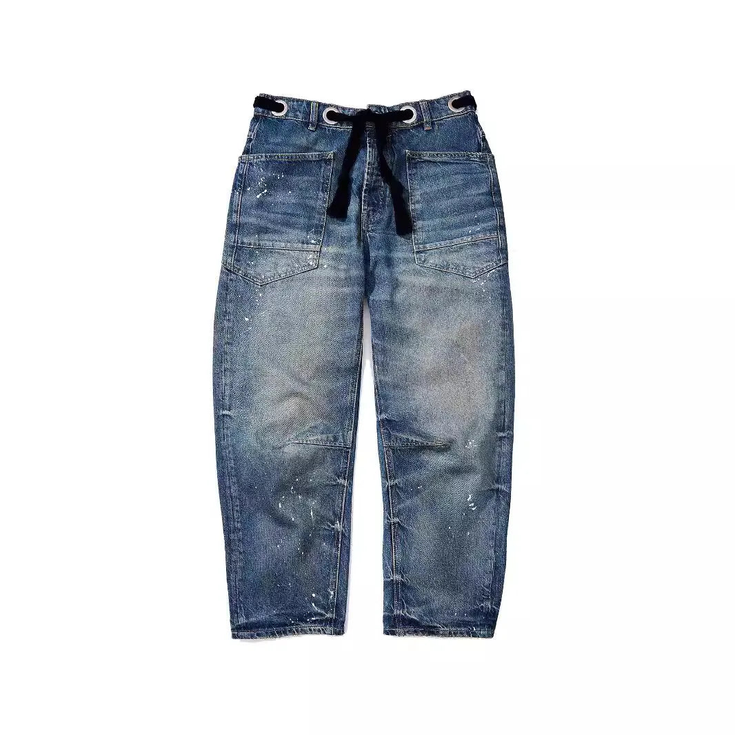 Jeans Women Denim Pants Straight Trousers Drawstring Long Pant Casual Loose Y2k Streetwear Button Pocket Splice Mom Jeans 2025