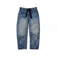 Jeans Women Denim Pants Straight Trousers Drawstring Long Pant Casual Loose Y2k Streetwear Button Pocket Splice Mom Jeans 2025