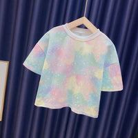 Girls 2023 Summer New Fashion Ice Silk Rainbow Gradient Color Loose 2pcs T-shirts+pants Suits 3-12 Years Kids Tie-dyed Clothing