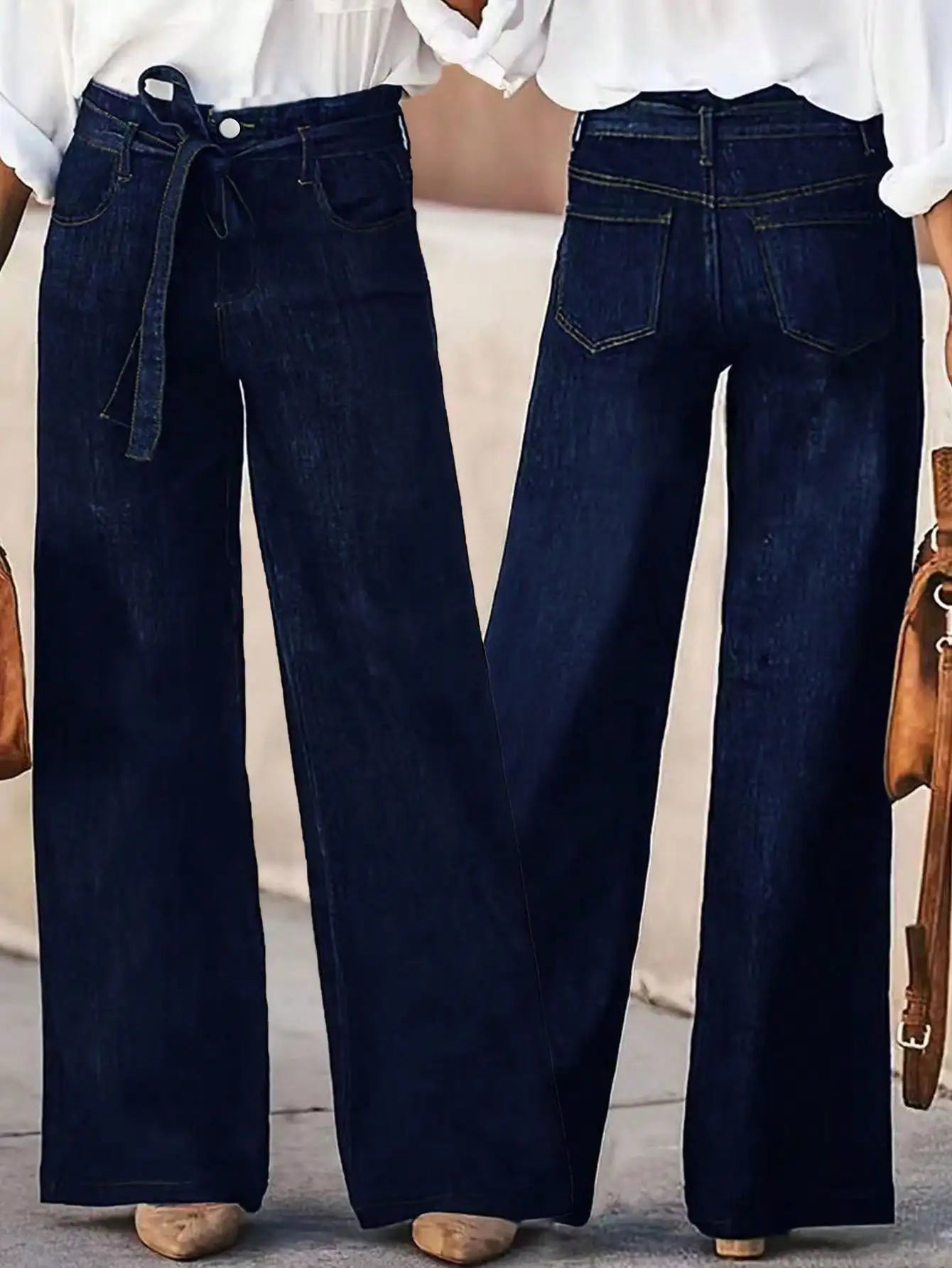 Women's Wide Leg Denim Jeans with Belt - Stylish and Comfortable Loose Fit Trousers for Everyday Wear