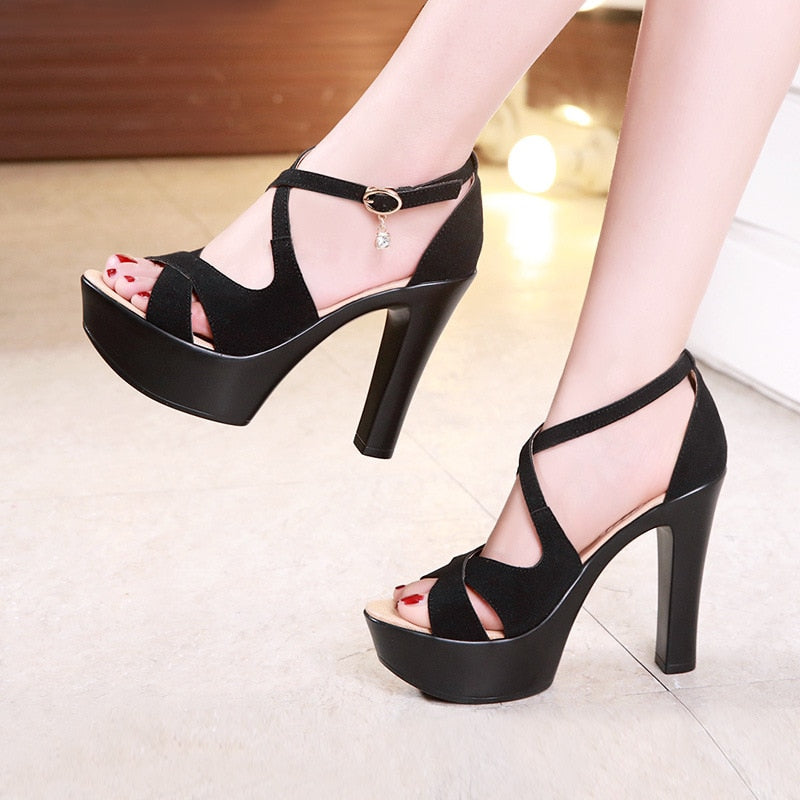 Small Size 32-43 Block High Heels Gladiator Sandals Women Shoes Suede 2023 Summer Sexy Platform Shoes for Office Dance Model