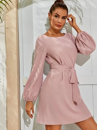 Loose Pink Chiffon Dress Solid Color Simple Lantern Style 2023 Fashionable Temperament Commuter Thin Hedging High Waist Dress