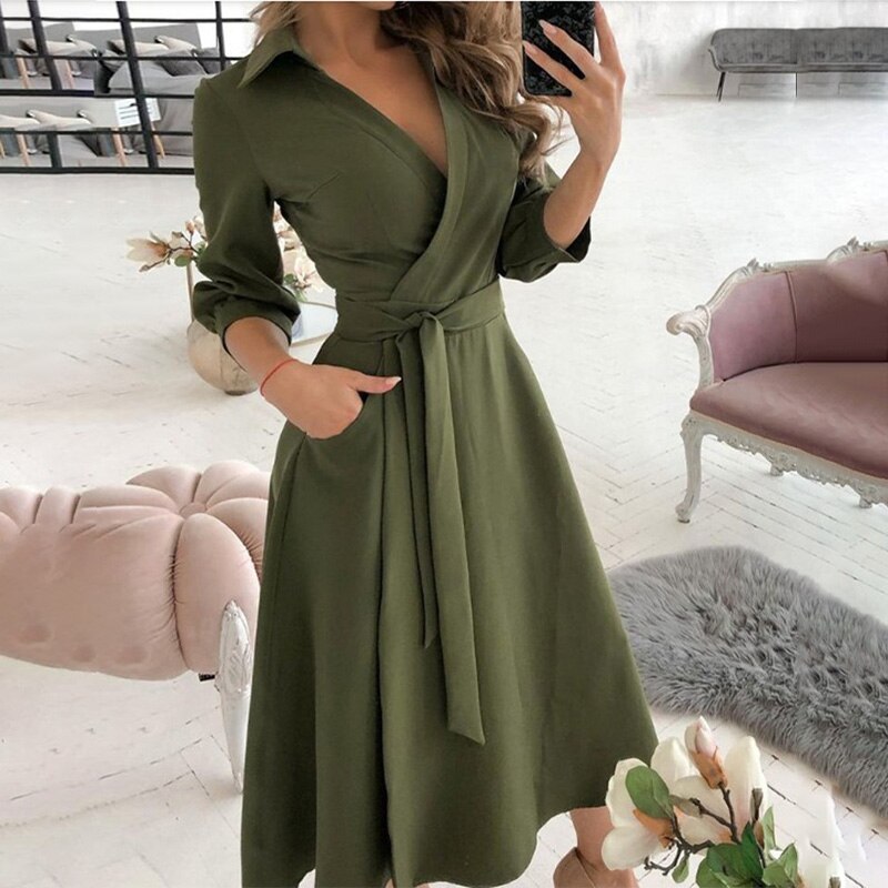 Sexy Women V-Neck Sexy Dresses Elegant Butterfly Print Long Sleeve Lace Up Wrap Midi Dress