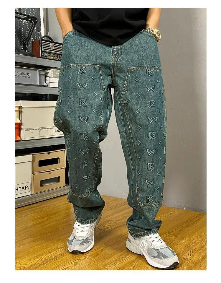 Embossed Trendy Workwear Jeans Men's Loose Straight Leg Retro Washed Trendy Casual Pants