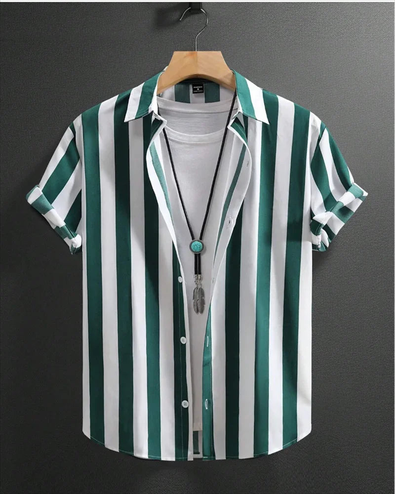 2024 men's shirt button shirt summer shirt 8 color short -sleeved striped striped lapel fashion Hawaiian casual beach shirt