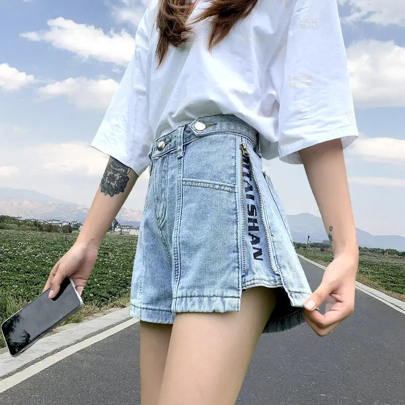 Denim Shorts Women Summer Hole High Waist A-line All-match Wide Leg Female Short Pants Fashion Loose Zipper Letter Streetwear