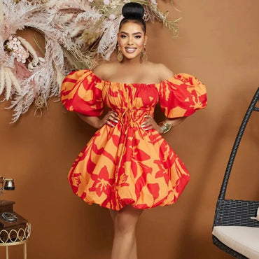 African Print Dresses for Women Summer Elegant African Off Shoulder Short Puff Sleeve Mini Birthday Evening Gowns African Dress