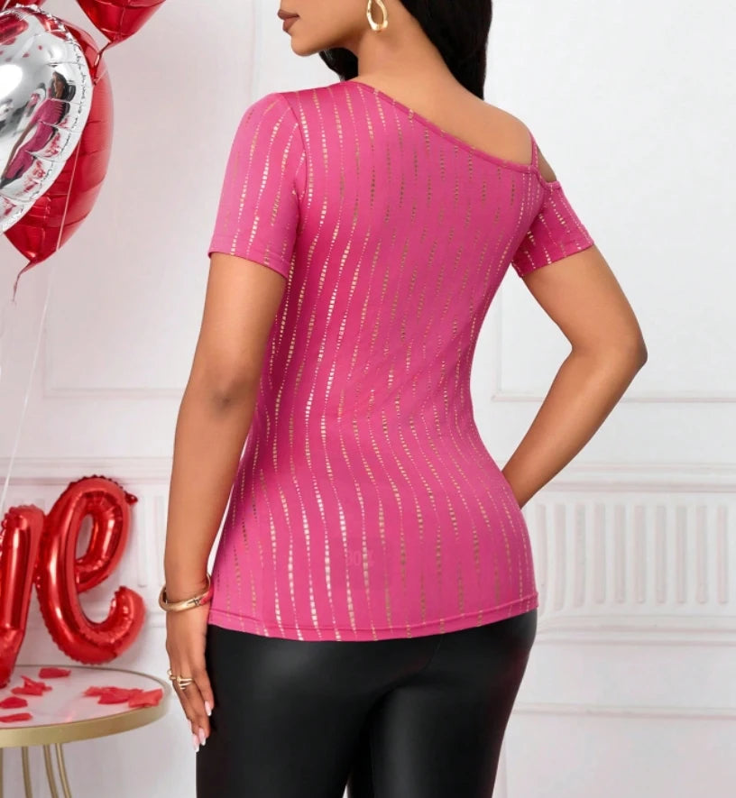 Women's T-shirt Spring Summer Hot Pink Gold Stripe One Shoulder Cutout Twist Front Valentine's Day Sexy Party Top