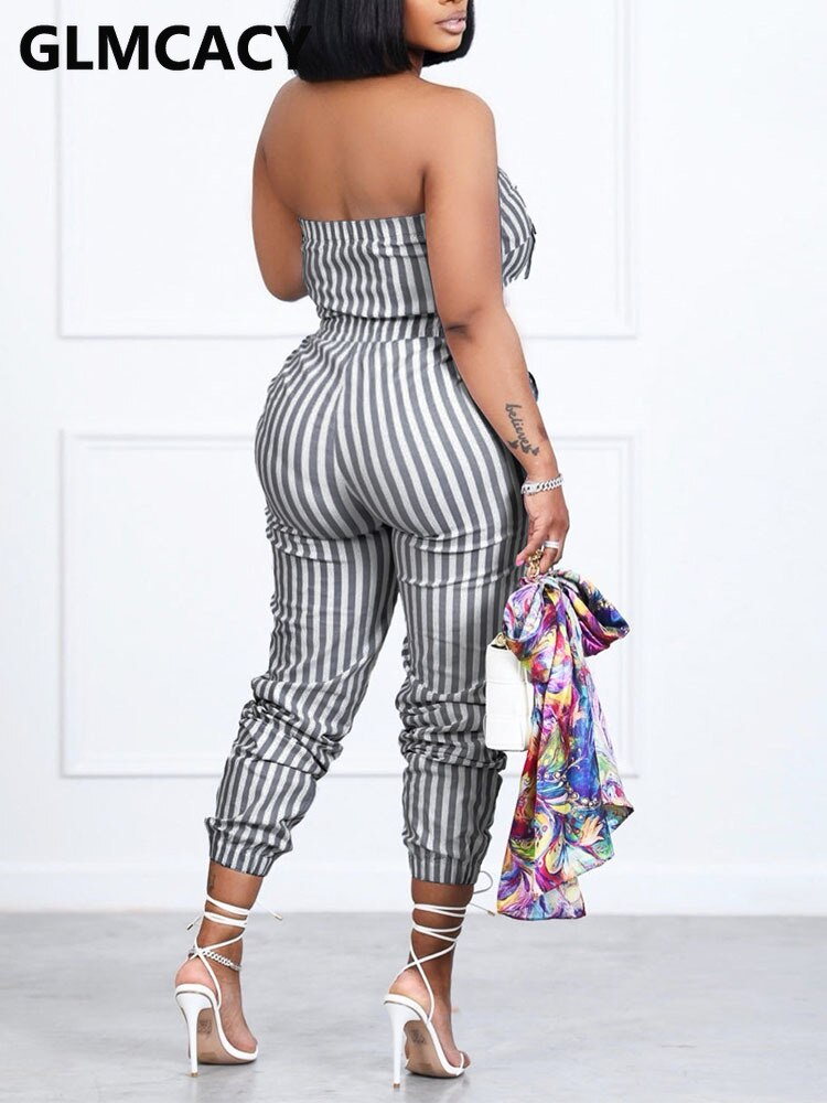 Women Casual Striped Jumpsuit Slim Zipper Front Tube Jumpsuit Overalls