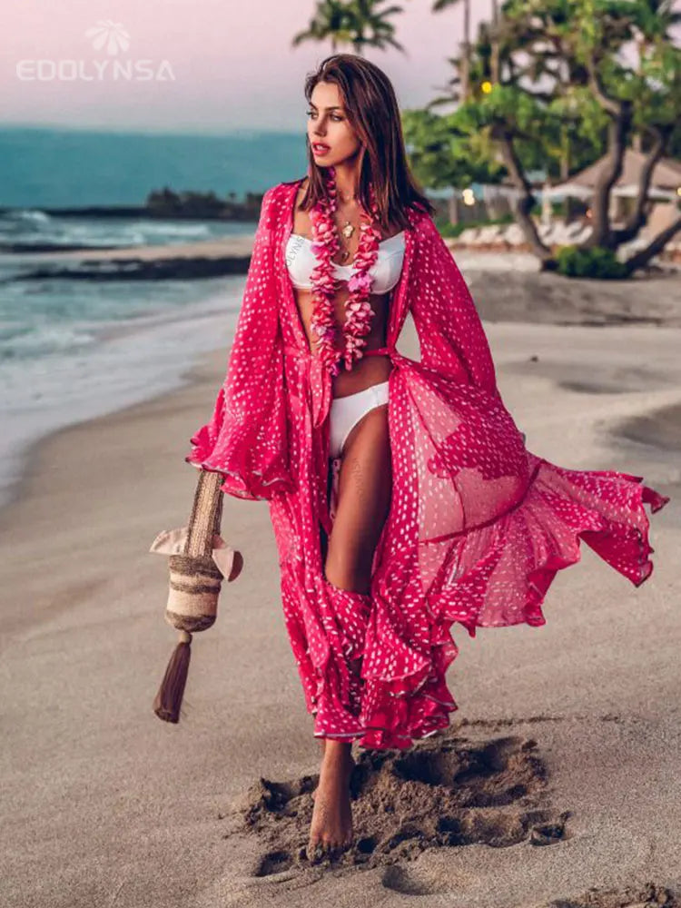 2023 Chiffon Beach Cover-ups  Dots stripes Beach Women Sexy Elegant Long Ruffle Sleeve Open Front Summer Maxi dress Q751