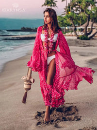 2023 Chiffon Beach Cover-ups  Dots stripes Beach Women Sexy Elegant Long Ruffle Sleeve Open Front Summer Maxi dress Q751