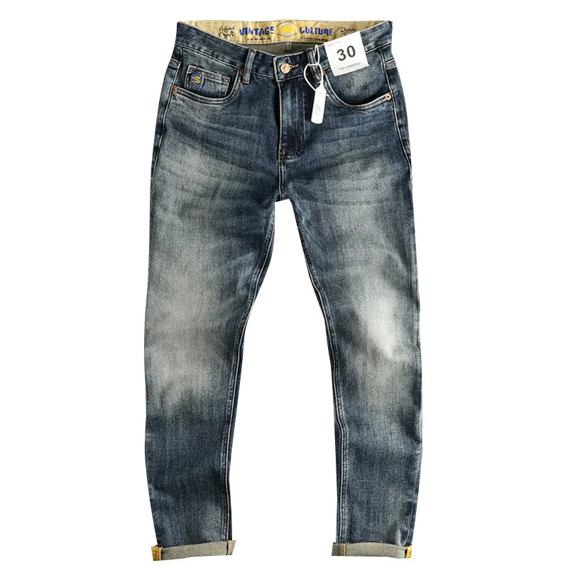 Embroidered Retro Jeans Men's High-End Quality Men's Clothing Slim-Fitting Small Straight Fashionable All-Match Youth Trousers