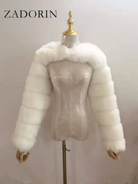ZADORIN Autumn Winter Cropped Faux Fox Fur Coat Women Luxury Raccoon Long Sleeve Warm Fur Jackets Female Outerwear Pink Red
