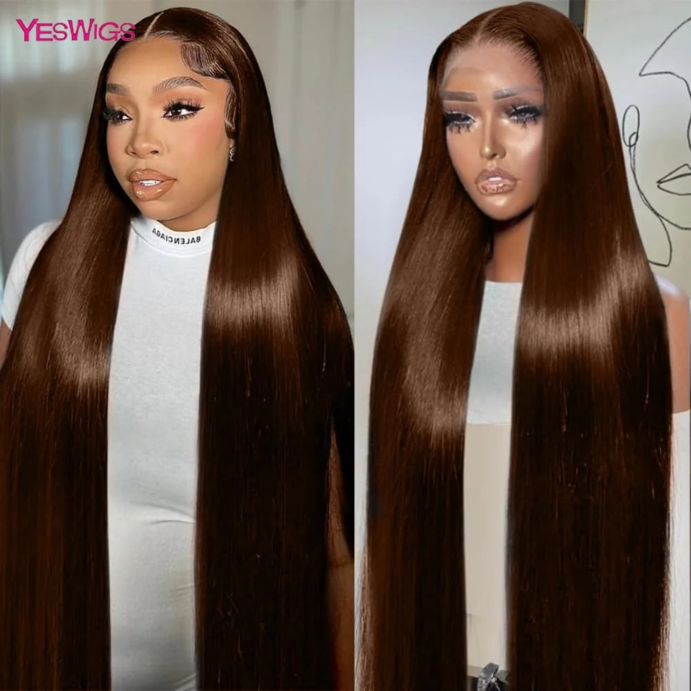 36 Inch Bone Straight Chocolate Brown 13x6 Lace Frontal Wigs 100% Brazilian Virgin Hair Pre Plucked Glueless Wigs Human Hair Wig