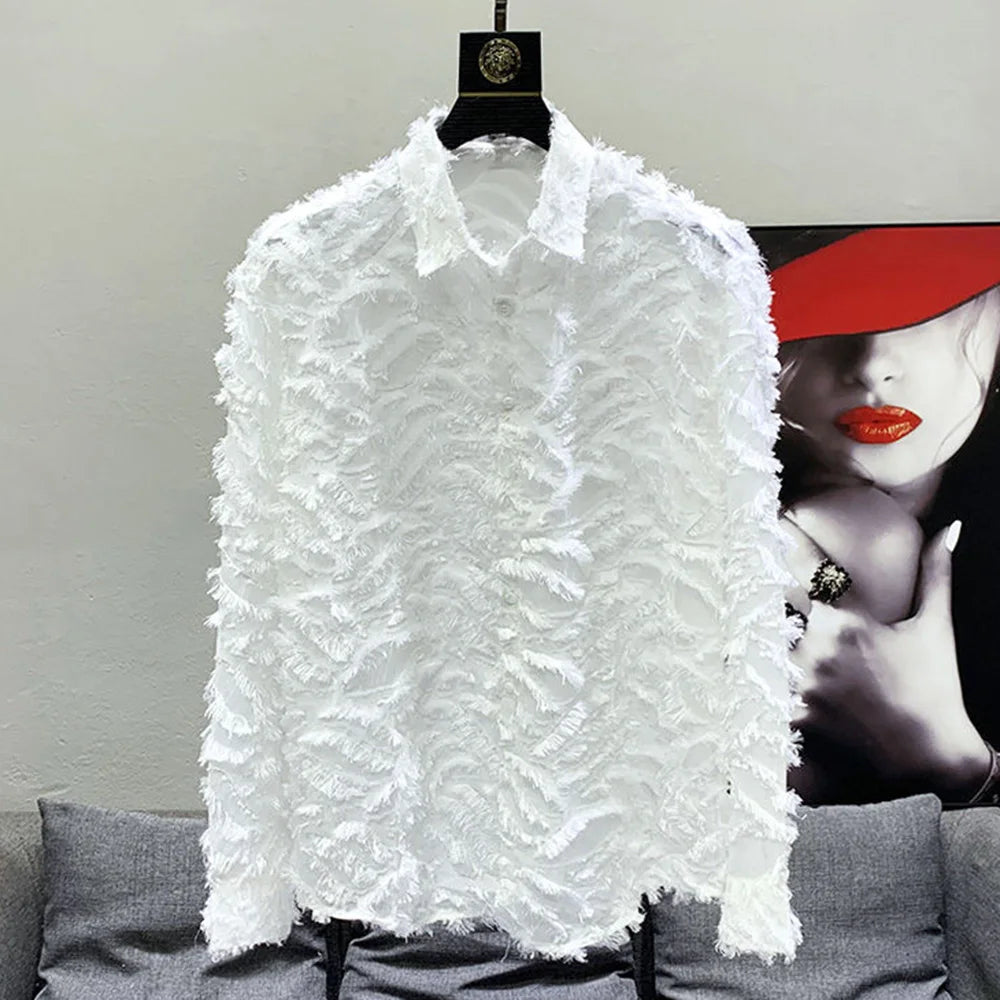 Mens Shirt Y2k Hollow Feather Tassel Shirt Streetwear Niche Personality Breathable Nightclub Trend Tops Men'S Clothing 2024