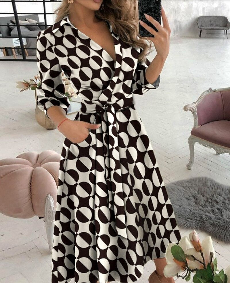 Spring/Summer Fashion Long sleeved V-neck Printed Hip Wrap Dress for Women