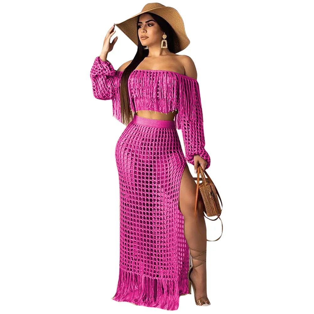 Skirt 2 Piece Set Women Beach Long Skirts Suit Top Off Shoulder Tassels Sexy Hollow Out Ensemble 2025 Summer Female Outfits