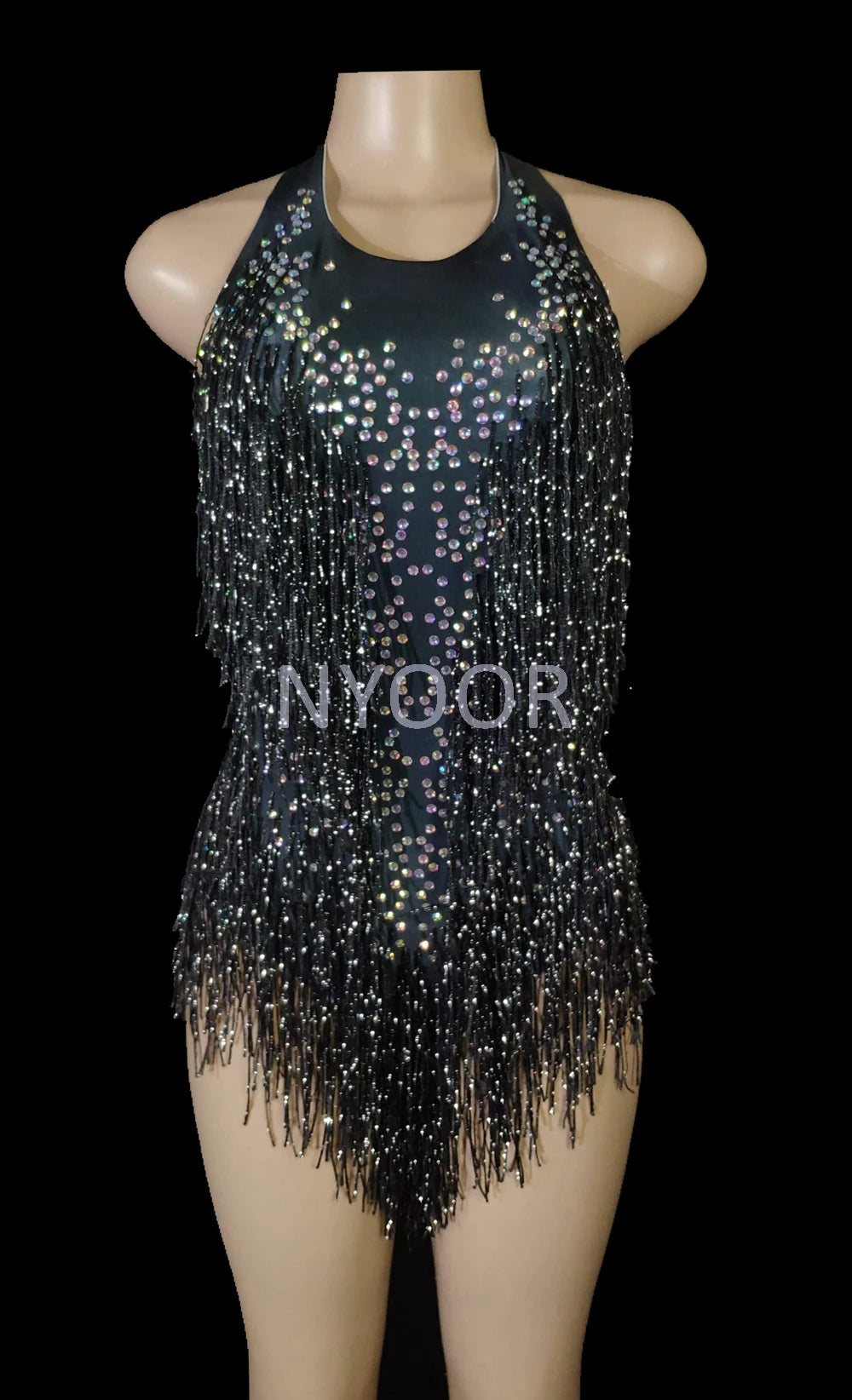 Sparkly Rhinestones Fringes Leotard Women Nightclub Party Outfit Dance Costume One-piece Stage Wear Sexy Performance Bodysuit